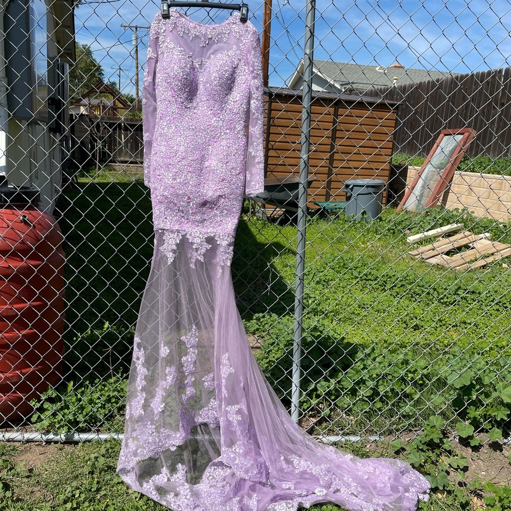 Elegant Lavender Lace Evening Gown